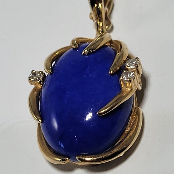 Stunning Large 14K Lapis & Diamond Pendant With Snap Close Bale Pearl Necklace - Picture 6 of 11
